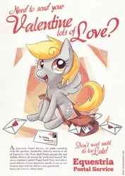 Size: 778x1100 | Tagged: advertisement, artist:jopiter, bag, cute, derpabetes, derpibooru import, derpy hooves, heart, letter, looking at you, mail, mailbag, open mouth, safe, sitting, smiling, solo, text, valentine's day