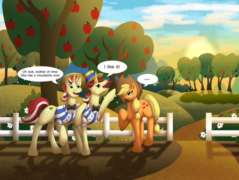 Size: 1415x1066 | Tagged: apple, applejack, artist:jewlecho, clothes, cloud, cloudy, derpibooru import, flam, flim, flim flam brothers, leaf, leafstache, moustache, orchard, safe, shadow, sweet apple acres