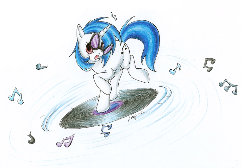 Size: 886x615 | Tagged: safe, artist:ryuza, derpibooru import, vinyl scratch, record, solo, traditional art