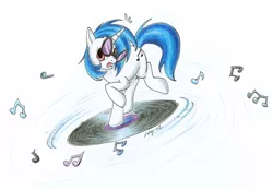 Size: 886x615 | Tagged: safe, artist:ryuza, derpibooru import, vinyl scratch, record, solo, traditional art