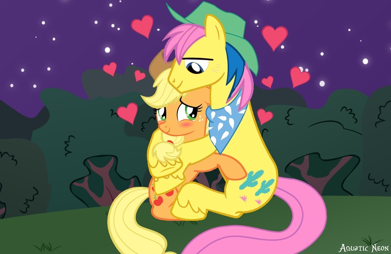 Size: 2000x1300 | Tagged: applejack, artist:aquaticneon, bandana, derpibooru import, female, g1, g1 to g4, g4, generation leap, heart, hug, male, safe, shipping, straight, tex, texjack