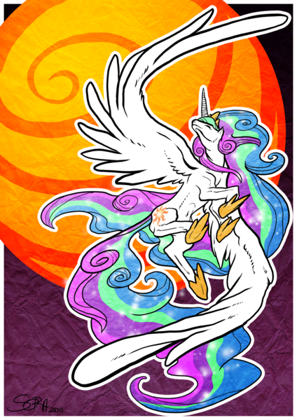 Size: 1280x1811 | Tagged: artist:black-namer, derpibooru import, flying, okami, princess celestia, safe, solo, style emulation