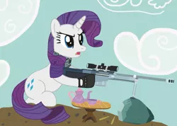 Size: 3496x2488 | Tagged: safe, artist:neodabig, derpibooru import, rarity, pony, unicorn, battlefield 3, cup, cutie mark, female, gun, hooves, horn, mare, open mouth, optical sight, rifle, rock, sitting, sniper rifle, solo, tea, teacup, weapon