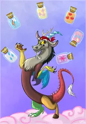 Size: 518x750 | Tagged: applejack, artist:jaylacinechiboa, bandana, bottle, cloud, cutie mark, derpibooru import, discord, fluttershy, grin, juggling, mane six, pinkie pie, pirates of the caribbean, rainbow dash, rarity, safe, smiling, twilight sparkle