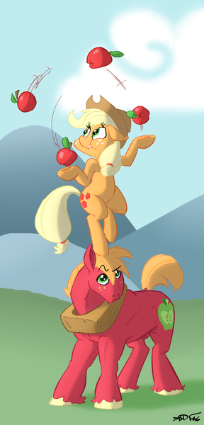 Size: 799x1662 | Tagged: safe, artist:boreddrawfag, artist:elslowmo, derpibooru import, applejack, big macintosh, earth pony, pony, balance, headstand, juggling, male, pile, stallion