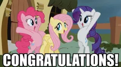 Size: 767x425 | Tagged: bipedal, congratulation, derpibooru import, edit, edited screencap, fluttershy, happy, image macro, pinkie pie, putting your hoof down, rarity, safe, screencap