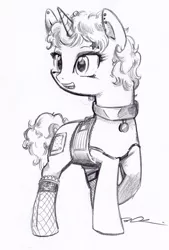 Size: 497x736 | Tagged: safe, artist:trips-ocho, derpibooru import, oc, unofficial characters only, pony, unicorn, bandaid, clothes, collar, corset, ear piercing, fishnets, horn, lineart, looking back, monochrome, piercing, raised hoof, simple background, solo, traditional art, unicorn oc, white background
