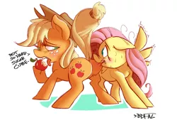 Size: 1044x705 | Tagged: suggestive, artist:boreddrawfag, artist:samoyena, derpibooru import, applejack, fluttershy, earth pony, pegasus, pony, apple, appleshy, bedroom eyes, biting, blushing, butt bite, colored, cowboy hat, dock, eating, featureless crotch, female, floppy ears, food, hat, hilarious in hindsight, hoof hold, lesbian, literal butthurt, looking back, mare, open mouth, plot, raised tail, shipping, spread wings, stetson, sweat, tail, tongue out, wide eyes, wingboner