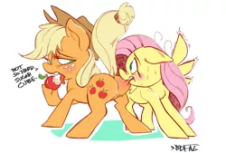 Size: 1044x705 | Tagged: apple, applejack, appleshy, artist:boreddrawfag, artist:samoyena, biting, butt bite, cowboy hat, derpibooru import, featureless crotch, female, fluttershy, food, hat, hilarious in hindsight, lesbian, plot, shipping, spread wings, stetson, suggestive, wingboner, wings