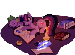 Size: 800x585 | Tagged: artist:butterscotch25, book, derpibooru import, magic, quill, reading, safe, sleeping, spike, twilight sparkle, writing