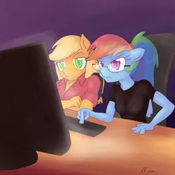 Size: 1200x1200 | Tagged: alternate hairstyle, anthro, applejack, artist:alasou, computer, derpibooru import, glasses, ponytail, rainbow dash, rainbow dork, safe