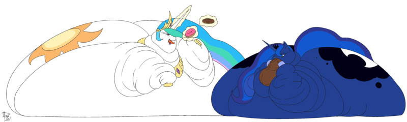 Size: 4000x1200 | Tagged: artist:lesang, blob, blob ponies, chubbylestia, colored, cutie mark, eating, fat, fat princess, feed bag, feeding, impossibly large butt, impossibly obese, moonbutt, morbidly obese, obese, plot, princess celestia, princess luna, princess moonpig, questionable, royal sisters, stuffing, sunbutt, wat, weight gain