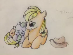 Size: 320x240 | Tagged: applejack, applespike, artist:newmclovin, crying, derpibooru import, female, hat, male, sad, safe, shipping, simple background, spike, straight, traditional art