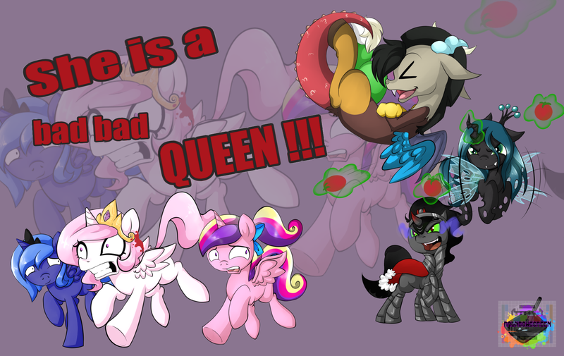 Size: 1900x1200 | Tagged: dead source, safe, artist:rainbowscreen, derpibooru import, discord, king sombra, princess cadance, princess celestia, princess luna, queen chrysalis, alicorn, changeling, changeling queen, draconequus, nymph, pony, umbrum, unicorn, bullying, cewestia, colt, cute, cutealis, cutedance, discute, female, filly, filly cadance, flying, foal, fruit, glowing horn, horn, magic, male, pink-mane celestia, s1 luna, signature, sombra eyes, sombradorable, telekinesis, text, tomato, woona, younger, zoom layer