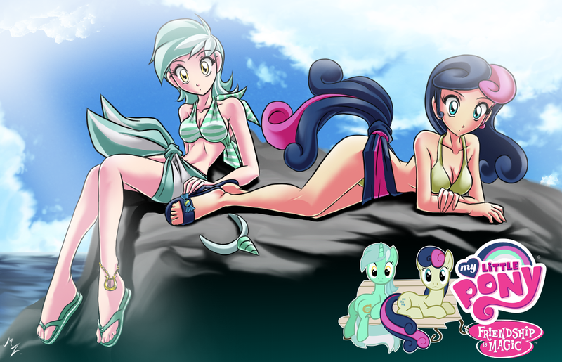 Size: 1600x1030 | Tagged: suggestive, artist:mauroz, derpibooru import, bon bon, lyra heartstrings, sweetie drops, human, pony, anime, anklet, bikini, breasts, clothes, cloud, feet, female, flip-flops, humanized, lesbian, lyrabon, mare, my little pony logo, sandals, shipping, sitting, sky, swimsuit, water