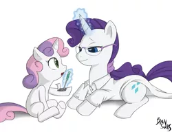 Size: 1279x981 | Tagged: safe, artist:brainsucks, derpibooru import, rarity, sweetie belle, pony, robot, robot pony, unicorn, alternate hairstyle, blank flank, clothes, cutie mark, female, filly, foal, glasses, glowing horn, hooves, horn, lab coat, levitation, lying down, magic, mare, open mouth, prone, repairing, roboticist, simple background, sisters, sweetie bot, telekinesis, white background