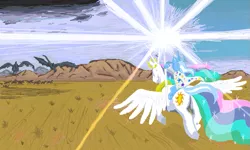 Size: 801x481 | Tagged: safe, artist:auraion, derpibooru import, princess celestia, trixie, alicorn, pony, unicorn, fell beast, female, flying, gandalf, gandalf the white, glow, hoof hold, light, lord of the rings, magic, mare, nazgul, ponies riding ponies, riding, spread wings, staff