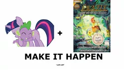 Size: 1468x836 | Tagged: safe, derpibooru import, spike, twilight sparkle, exploitable meme, leafie, leafie - a hen into the wild, leafie a hen into the wild, make it happen, meme, meta, sad, text