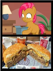 Size: 451x606 | Tagged: babs seed, bad gift meme, burger, burger king, derpibooru import, exploitable meme, food, meat, meme, safe