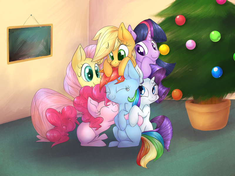 Size: 4000x3000 | Tagged: safe, artist:lilfaux, derpibooru import, applejack, fluttershy, pinkie pie, rainbow dash, rarity, twilight sparkle, earth pony, pegasus, pony, unicorn, eyes closed, female, freckles, group hug, hearth's warming eve, hug, mane six, mare, smiling, tree