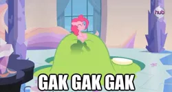 Size: 623x335 | Tagged: bubble, caption, crystal empire, edit, edited screencap, gak, games ponies play, hub logo, pinkie pie, safe, screencap, solo, swimming pool