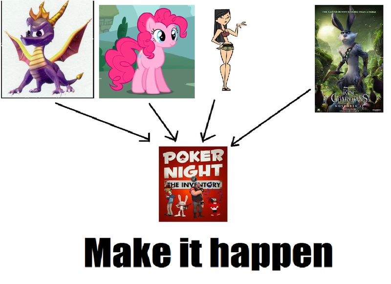 Size: 1022x742 | Tagged: bunnymund, easter bunny, e aster bunnymund, exploitable meme, guardians of childhood, heather, heavy weapons guy, homestar runner, make it happen, max, meta, penny arcade, pinkie pie, poker night at the inventory, rise of the guardians, safe, sam and max, spyro the dragon, strong bad, team fortress 2, total drama island, tycho