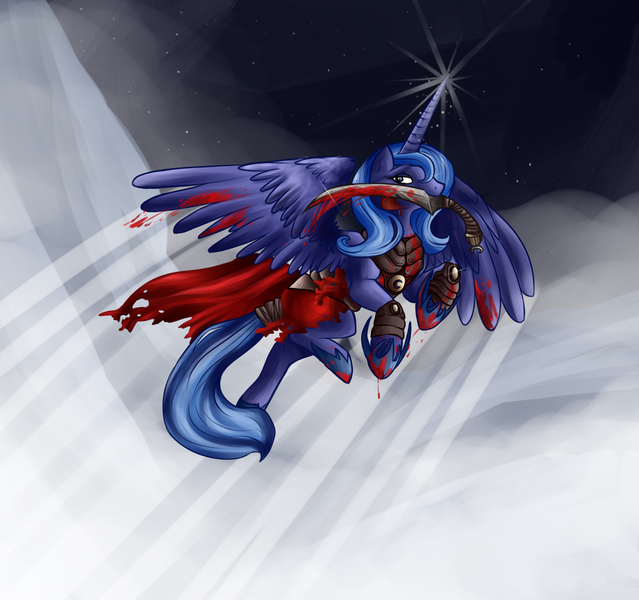 Size: 1558x1462 | Tagged: semi-grimdark, artist:qwert5, derpibooru import, ponibooru import, princess luna, alicorn, pony, armor, blood, female, knife, mare, mouth hold, solo