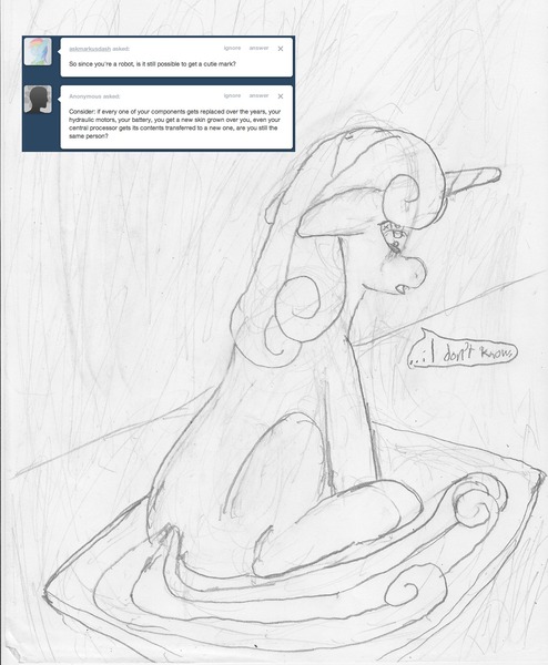 Size: 1275x1550 | Tagged: safe, artist:masterweaver, derpibooru import, sweetie belle, pony, robot, robot pony, unicorn, ask steel sweetie, black and white, female, filly, floppy ears, foal, grayscale, hooves, horn, monochrome, sitting, solo, speech bubble, sweetie bot, traditional art