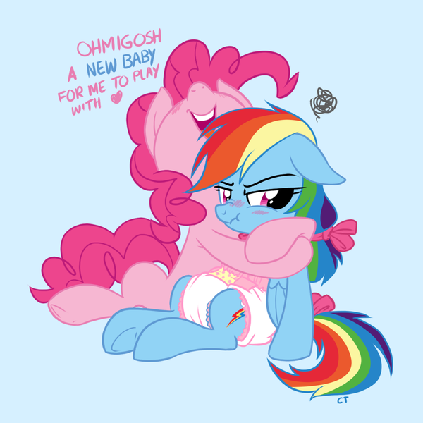 Size: 1200x1200 | Tagged: source needed, questionable, artist:cloppertrapper, derpibooru import, pinkie pie, rainbow dash, earth pony, pegasus, pony, adult foal, blue background, blushing, bow, cute, dashabetes, diaper, diaper fetish, diapinkes, embarrassed, female, floppy ears, hair bow, heart, hnnng, hug, lesbian, lidded eyes, mare, nose wrinkle, open mouth, pinkiedash, ponytail, rainbow dash is not amused, scrunchy face, shipping, simple background, sitting, smiling, tail bow, underhoof