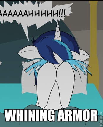 Size: 349x430 | Tagged: artist:loceri, caption, cropped, derpibooru import, edit, image macro, liquid pride, pun, safe, shining armor, whining armor