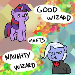 Size: 1024x1024 | Tagged: artist:5kmoe, artist:docwario, derpibooru import, good wizard meets naughty wizard, safe, trixie, twilight sparkle