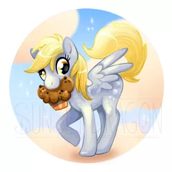 Size: 500x500 | Tagged: safe, artist:flying-fox, derpibooru import, derpy hooves, pegasus, pony, female, food, mare, mouth hold, muffin, partial background, solo