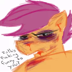 Size: 640x640 | Tagged: grimdark, artist:chongothedrawfriend, derpibooru import, scootaloo, pegasus, pony, blood, bruised, female, filly, injured, scootabuse, solo, speech, vulgar