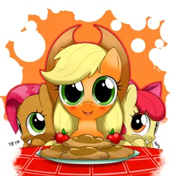 Size: 1200x1200 | Tagged: safe, artist:hoyeechun, derpibooru import, apple bloom, applejack, babs seed, earth pony, pony, apple fritter (food), cousins, female, food, siblings, sisters, trio