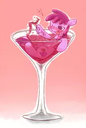 Size: 472x700 | Tagged: safe, artist:rigi, derpibooru import, berry punch, berryshine, earth pony, pony, blushing, cocktail, cup of pony, drink, drunk, female, mare, micro, pixiv, solo