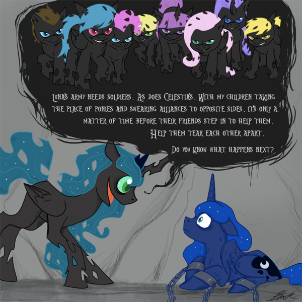 Size: 800x800 | Tagged: artist:caycowa, cave, chains, changeling, derpibooru import, insanity, princess luna, queen chrysalis, safe