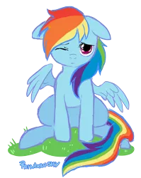 Size: 768x963 | Tagged: dead source, safe, artist:mutanthound, derpibooru import, rainbow dash, pegasus, pony, female, frown, grass, mare, one eye closed, simple background, solo, spread wings, transparent background, wings