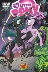 Size: 593x882 | Tagged: safe, artist:andypriceart, derpibooru import, idw, official, applejack, fluttershy, pinkie pie, queen chrysalis, rainbow dash, rarity, sweetie belle, twilight sparkle, changeling, unicorn, the return of queen chrysalis, spoiler:comic, angry, changeling officer, cocoon, comic, comic cover, cover, crystal ball, epic clash between good and evil, female, good vs evil, moon, plot, wovey dovey land