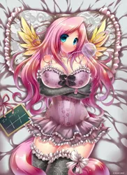 Size: 848x1164 | Tagged: adorasexy, anime, artist:emperpep, blushing, body pillow, breasts, busty fluttershy, chalkboard, clothes, cute, derpibooru import, evening gloves, female, fluttershy, human, humanized, lingerie, on back, sexy, shyabetes, solo, solo female, stockings, suggestive, tailed humanization, thigh highs, winged humanization