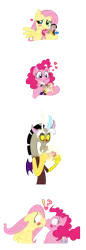 Size: 758x2205 | Tagged: artist:mickeymonster, blushing, blush sticker, comic, derpibooru import, discord, discord being discord, discord the shipper, exclamation point, female, flutterpie, fluttershy, forced lesbian, heart, implied discopie, implied discoshy, implied shipping, implied straight, interrobang, kissing, lesbian, male, now kiss, pinkie pie, question mark, safe, shipper on deck, shipping, surprised, surprise kiss, voodoo doll