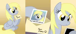 Size: 1800x800 | Tagged: safe, artist:equestria-prevails, derpibooru import, edit, derpy hooves, pegasus, pony, comic, exploitable meme, female, frown, mare, memento, paradox, smiling, solo