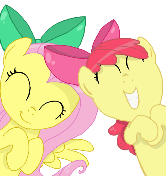 Size: 1046x1110 | Tagged: safe, artist:starlettskies, derpibooru import, apple bloom, fluttershy, adorabloom, bow, cute, image, png, shyabetes, yellow skin