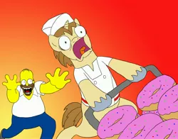 Size: 4480x3508 | Tagged: safe, artist:doublewbrothers, derpibooru import, donut joe, pony, unicorn, bipedal, crossover, donut, fleeing, funny, gradient background, homer simpson, male, rapeface, running, scared, the simpsons
