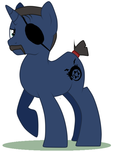 Size: 2058x2748 | Tagged: safe, artist:turrkoise, derpibooru import, ponified, pony, unicorn, eyepatch, facial hair, fullmetal alchemist, homunculus, king bradley, male, moustache, raised hoof, solo, stallion, tied tail, wrath the furious