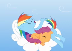 Size: 1052x744 | Tagged: artist:bleutaco, cloud, derpibooru import, rainbow dash, safe, scootaloo, sleeping