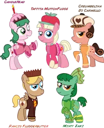 Size: 1054x1293 | Tagged: safe, artist:alisonwonderland1951, derpibooru import, ponified, earth pony, pegasus, pony, unicorn, candlehead, colt, crumbelina di caramello, filly, minty zaki, rancis fluggerbutter, sugar rush, taffyta muttonfudge, wreck-it ralph