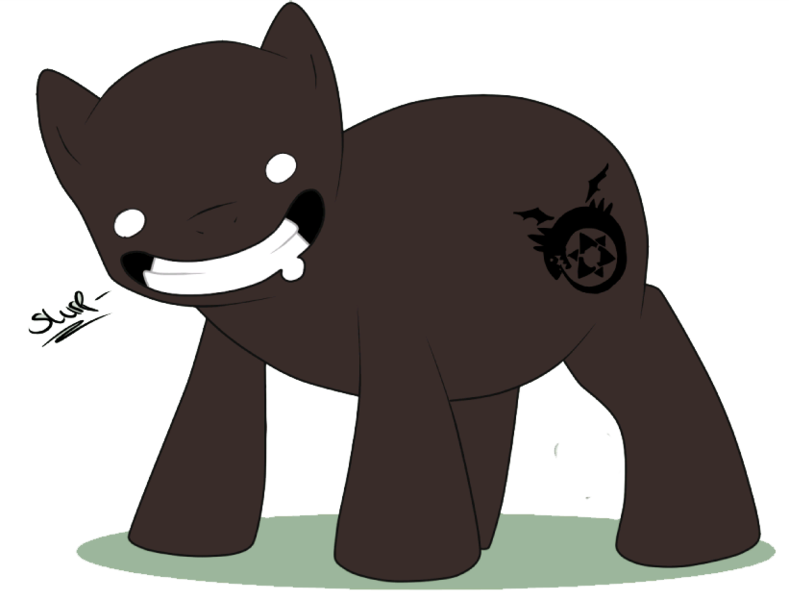 Size: 821x624 | Tagged: safe, artist:turrkoise, derpibooru import, ponified, earth pony, pony, bald, blank eyes, chubby, creepy, creepy grin, drool, fullmetal alchemist, gluttony the voracious, grin, homunculus, hungry, male, no pupils, smiling, stallion