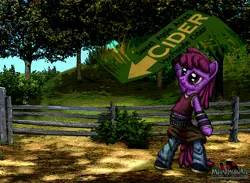 Size: 3568x2608 | Tagged: safe, artist:metadragonart, derpibooru import, berry punch, berryshine, pony, belt, bipedal, clothes, english, fence, forest, grass, jeans, shirt, shoes, sign, skirt, text, tree, undershirt