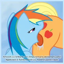 Size: 1500x1500 | Tagged: suggestive, artist:srmario, derpibooru import, applejack, rainbow dash, earth pony, pegasus, pony, appledash, bedroom eyes, bust, butt, drool, eyelashes, female, image, lesbian, licking, mare, png, shipping, tongue out