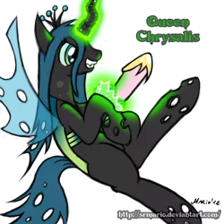 Size: 1500x1500 | Tagged: safe, artist:srmario, derpibooru import, princess cadance, queen chrysalis, changeling, changeling queen, character to character, evil grin, fake cadance, female, glowing horn, grin, hoof shoes, horn, image, png, signature, simple background, smiling, solo, transformation, transparent background